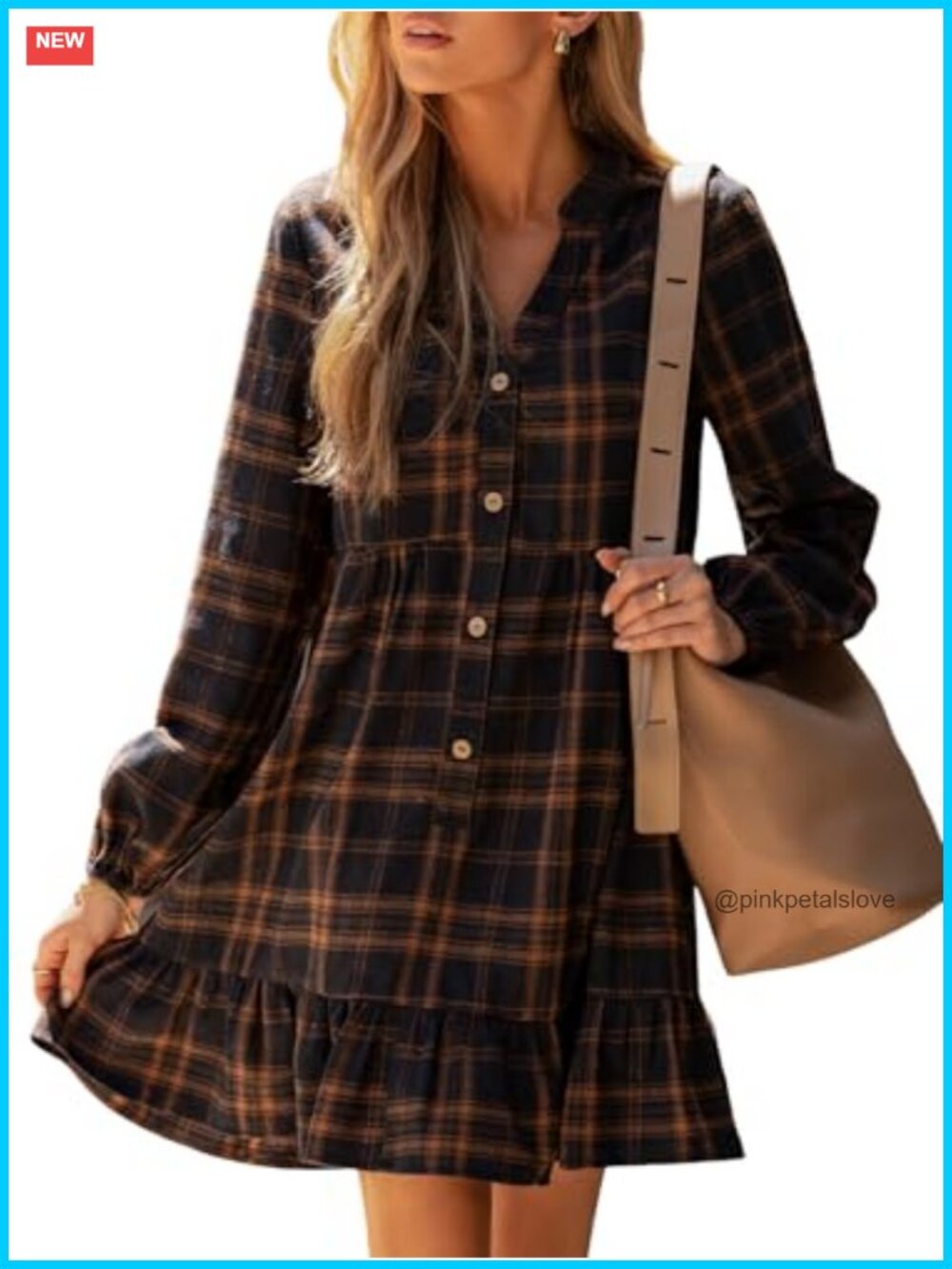 Plaid Ruffle Hem V Neck Long Sleeve Tunic Mini Dress